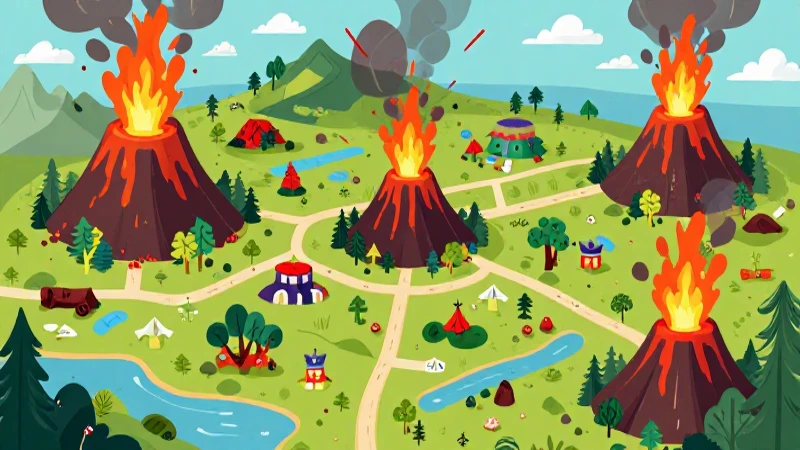 Mapa colorido con volcanes activos e ilustración vibrante