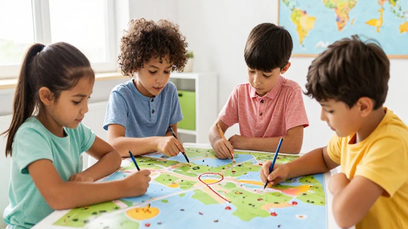 Niños aprenden con mapas ilustrados y luz