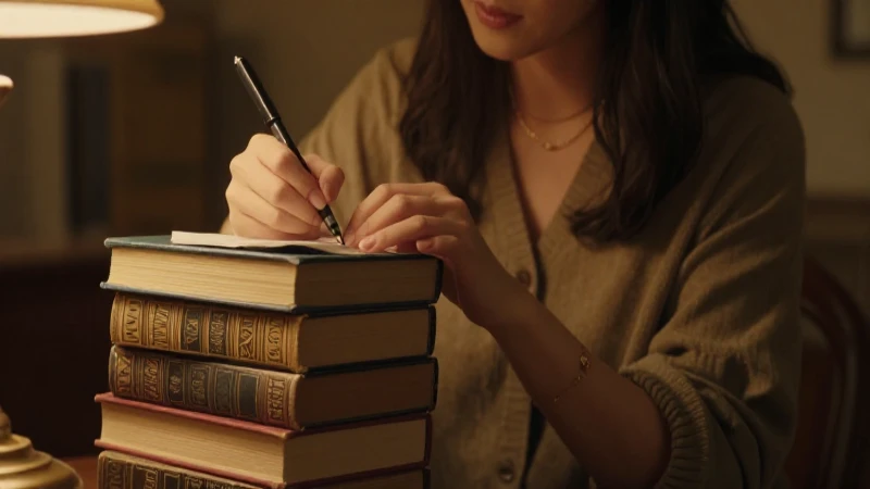 Guía visual para mapas conceptuales de géneros literarios 9 Escritora frente a libros antiguos, luz suave