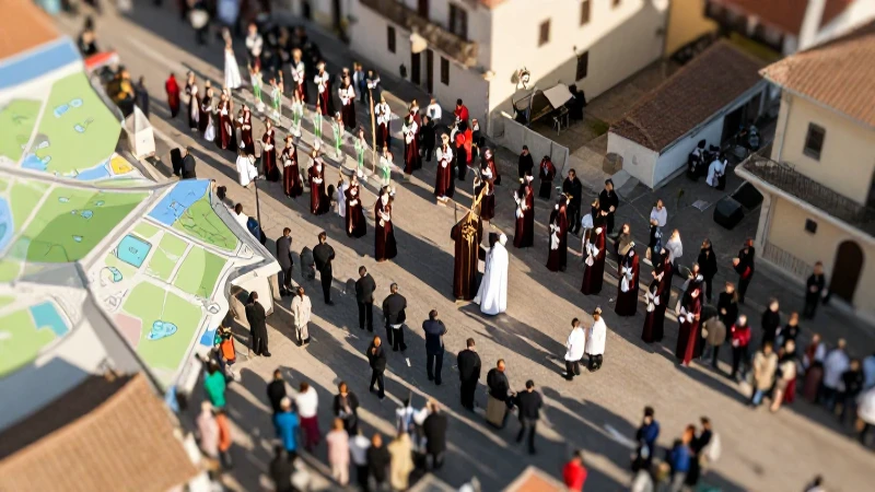 Mapas conceptuales de la Cuaresma y mapa de Semana Santa 10 Procesión de Semana Santa vista aérea, cálida