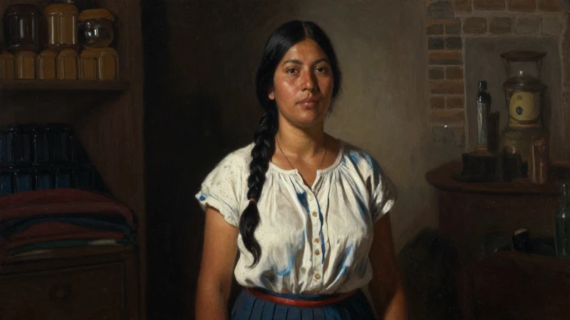 Mujer campesina retratada con dramatismo pictórico