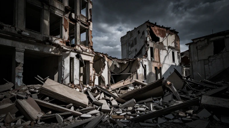Ciudad destruida, sombras dramáticas, ángulo bajo