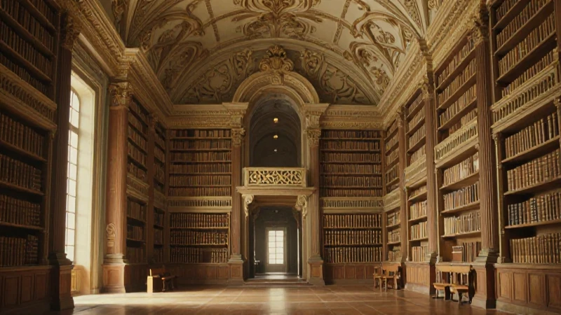 Te interesa explorar mapas conceptuales de géneros literarios 4 Biblioteca antigua irradia brillo barroco