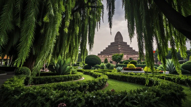 Jardines exuberantes, zigurrat con claroscuro dramático