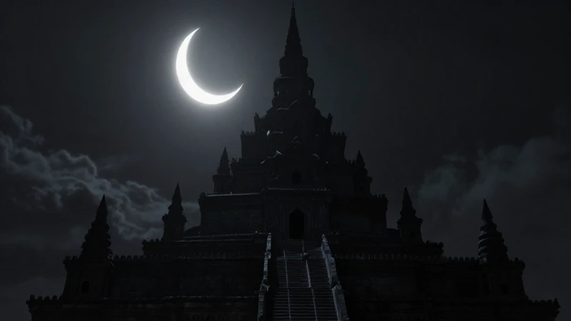 Silueta zigúrate bajo luna creciente, arte fantasía