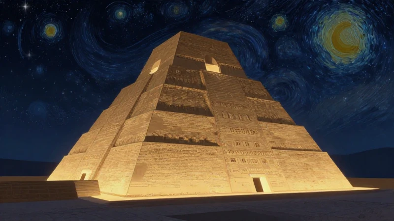Zigurats bajo cielos estrellados, estilo ilustración