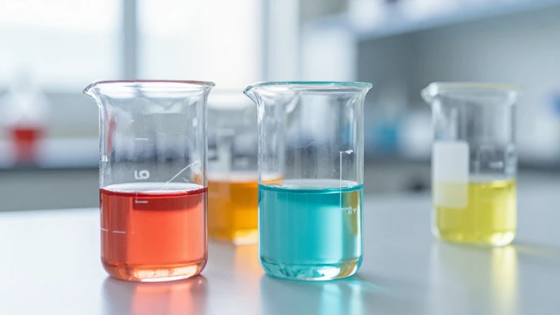 Líquidos coloridos en vasos, laboratorio suave