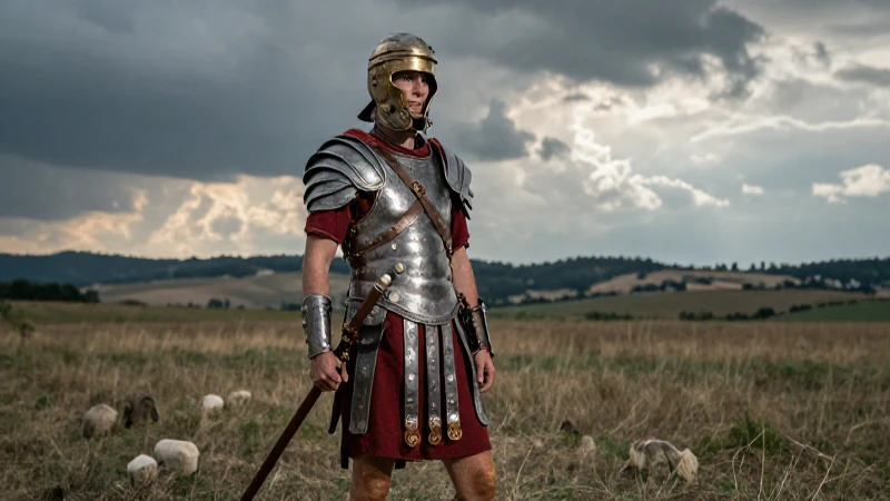 Mapas conceptuales de Roma: Explorando el Imperio Romano 7 Legionario romano en paisaje épico y dramático