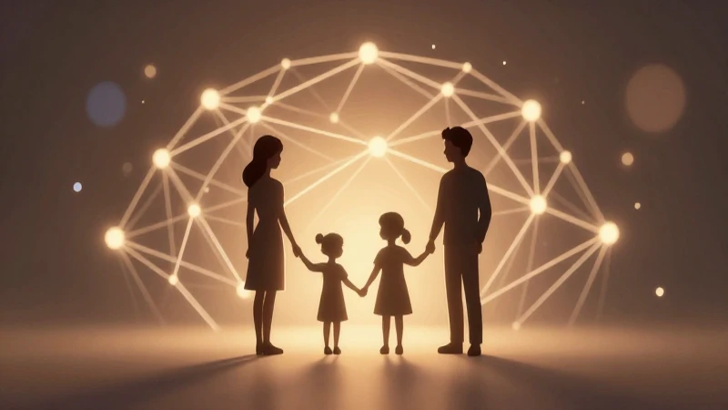 Familia silueteada, redes neuronales y luces cálidas