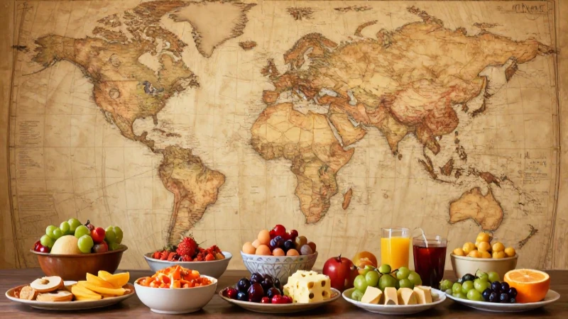 Comida colorida sobre mapa antiguo suavemente iluminado
