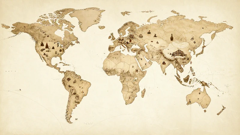 Mapa global, iconos culturales, colores cálidos