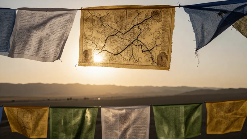 Banderines, mapa antiguo, luz dorada y vistas amplias