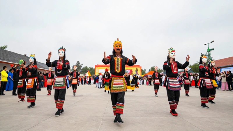 Celebración vibrante con danzantes y máscaras coloridas