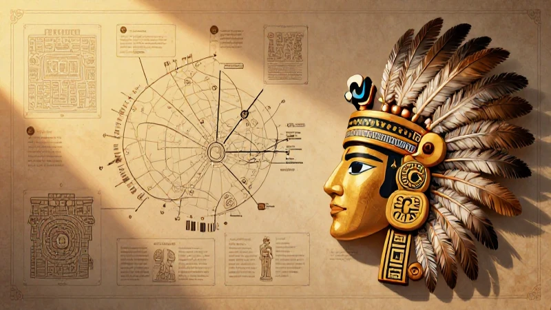 Ilustración azteca muestra tocado y luz dorada