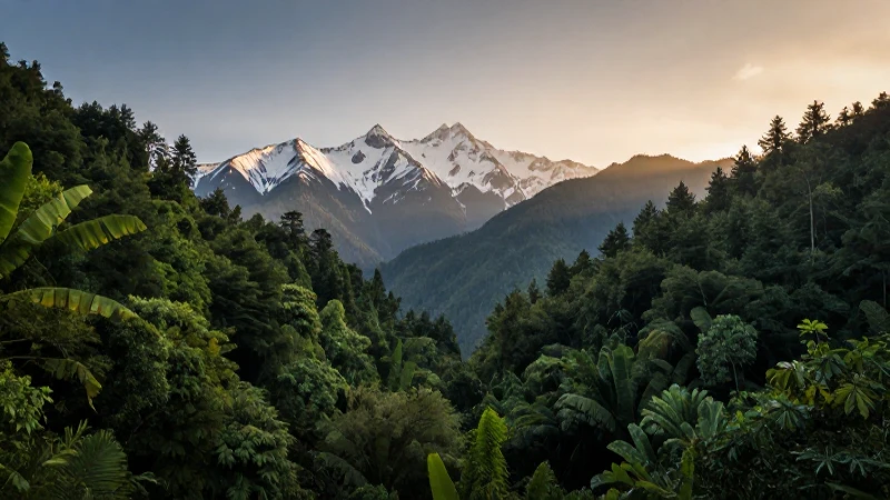 Selva exuberante, montañas nevadas, luz dorada