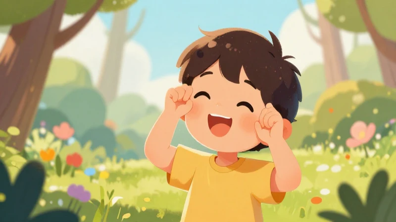Niño sonriente explora fantasía colorida suavemente