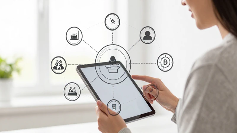 Mujer revisa tablet con gráfico informativo