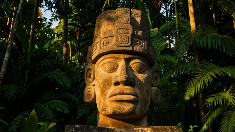 Cabeza Olmeca antigua en selva dorada