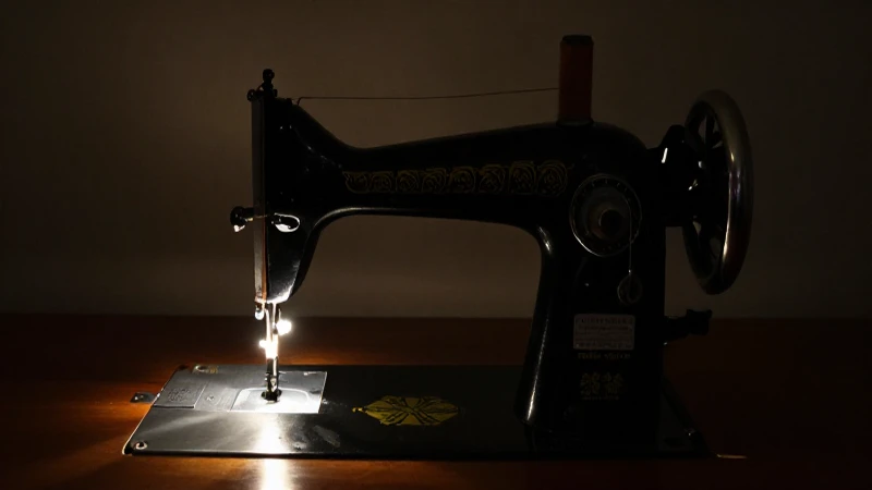 Máquina de coser antigua con hilos luminosos