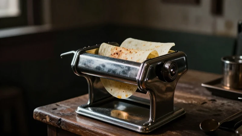 Máquina antigua para tortillas en fábrica iluminada