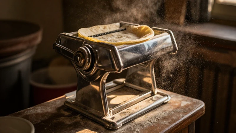 Máquina antigua de tortillas bajo luz dorada