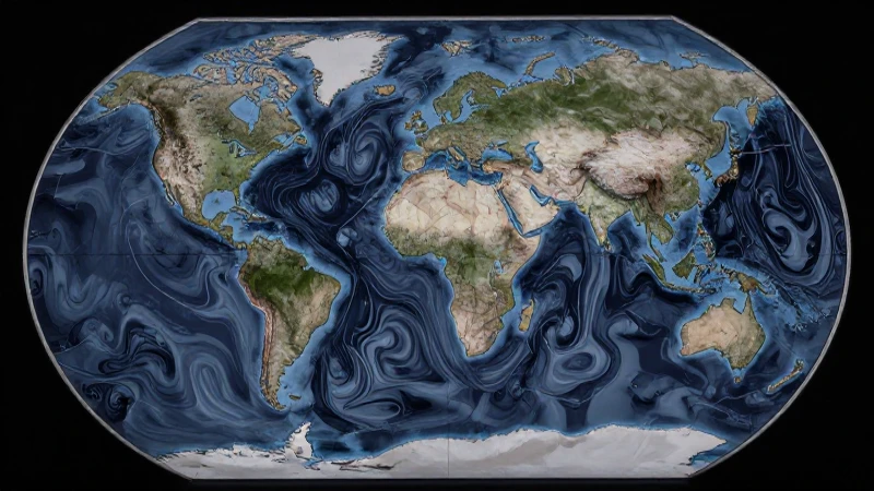 Mapa estilizado con corrientes oceánicas dramáticas