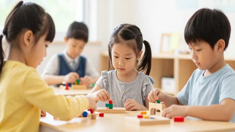 Biografía y la línea de tiempo de Montessori 7 Niños jugando en un aula luminosa y cálida