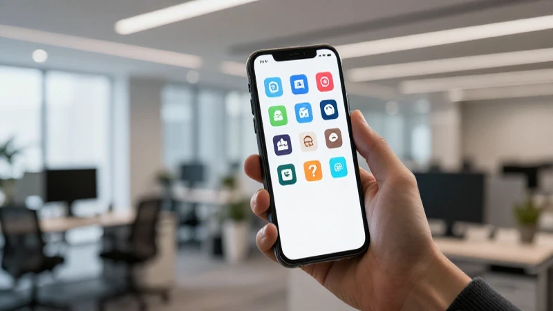 Teléfono con redes sociales en oficina moderna