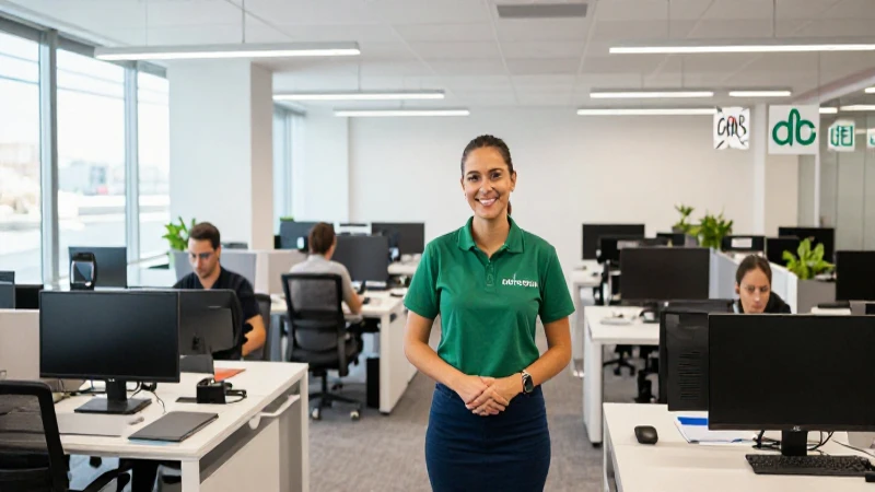 Espacio de oficina moderno, empleado sonriente