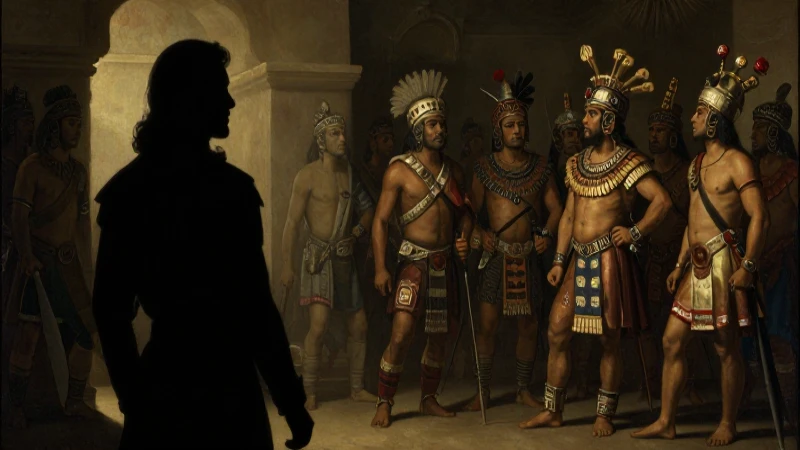 Cortés ante guerreros aztecas en tenebroso óleo