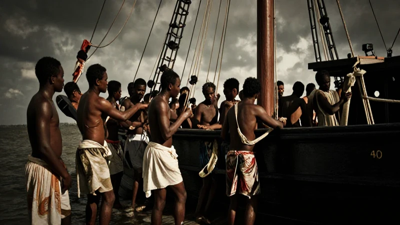 Esclavos africanos desembarcan de barco colonial español