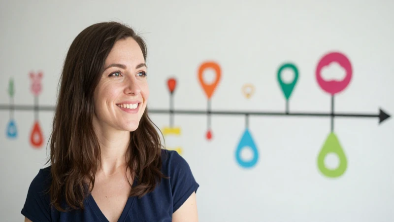 Mujer sonriente ante fondo artístico moderno