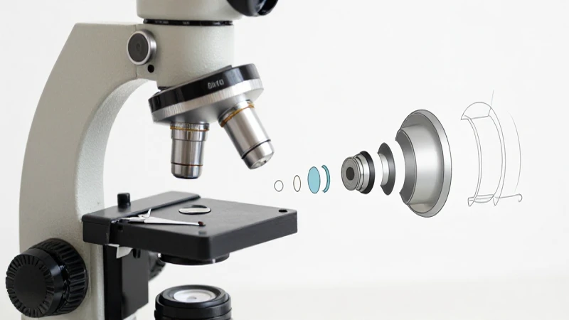 Microscopio óptico desensamblado con ilustración detallada