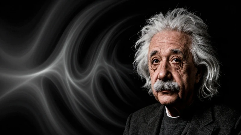 Retrato de Einstein, espacio-tiempo distorsionado, claroscuro