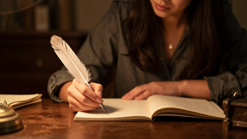 Escritora concentrada con pluma antigua
