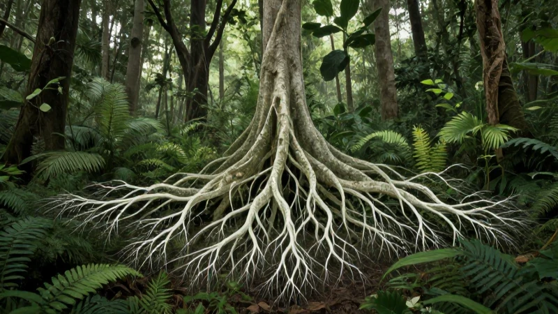 Bosque frondoso con raíces detalladas e iluminación suave