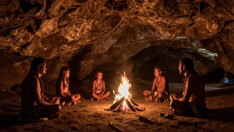 Familia cazadora en cueva, luz cálida y sombras