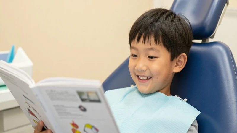 Odontología pediátrica: Línea del tiempo y libros esenciales 4 Niño sonríe al dentista, libro abierto