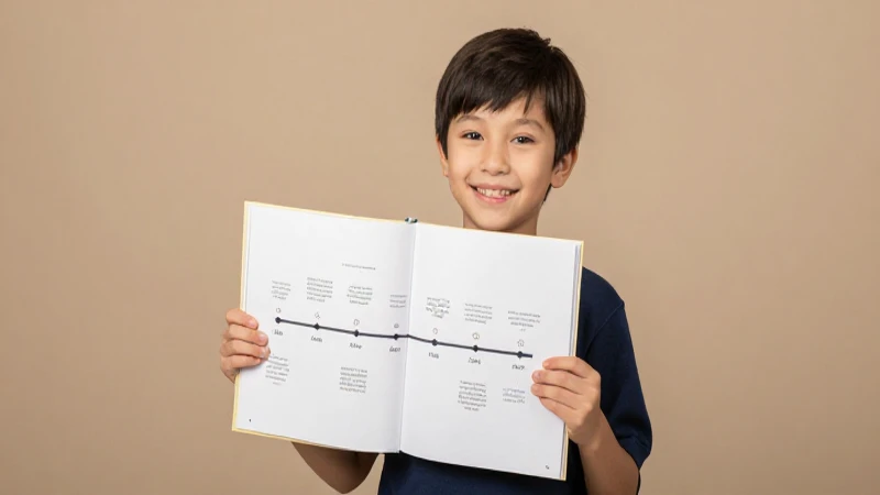 Odontología pediátrica: Línea del tiempo y libros esenciales 5 Niño sonríe con libro informativo cálido