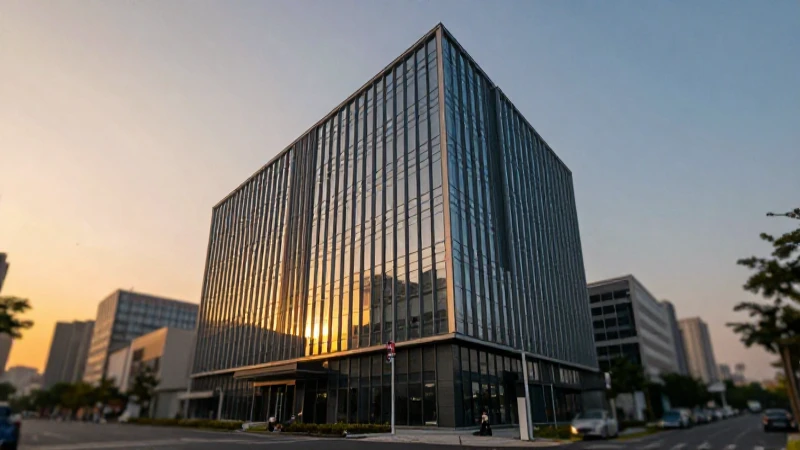 Edificio corporativo al atardecer, amplio ángulo