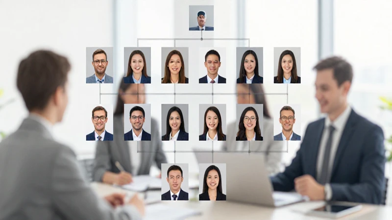 Retratos corporativos con organigrama sutil.]
