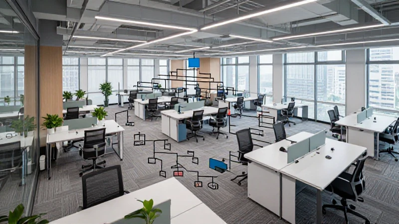 Podrías detallar el organigrama y la estructura de Amazon 5 Oficina moderna con estructura corporativa compleja