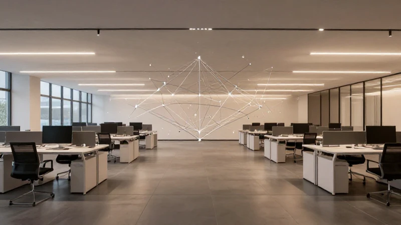 Oficina moderna con iluminación suave y amplia