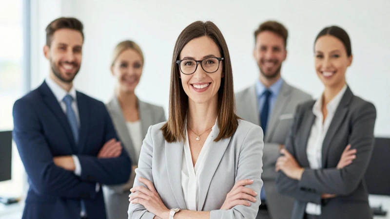 Empleados sonrientes en oficina moderna y brillante
