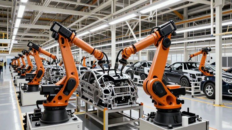 Producción ensambla automóviles con robots y luces fuertes