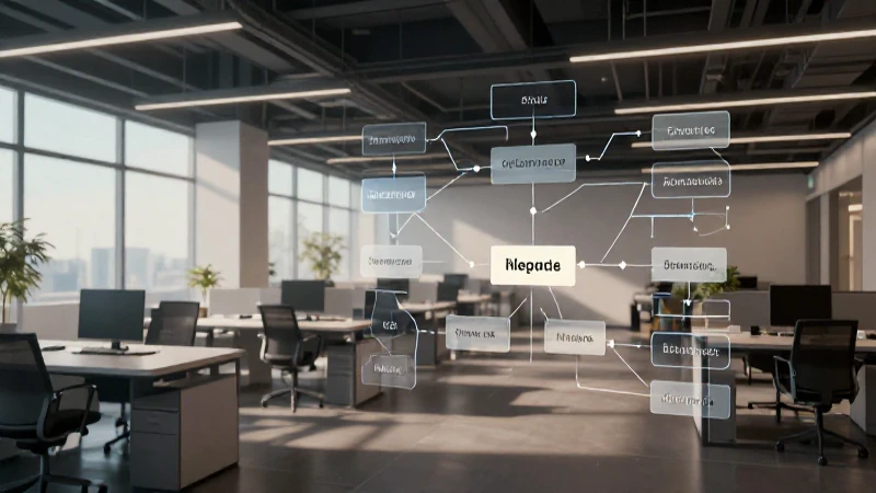 Organigrama de Empresa Comercial: Diseño Funcional Eficaz 4 Espacio de oficina moderno, diagrama estilizado e iluminación suave