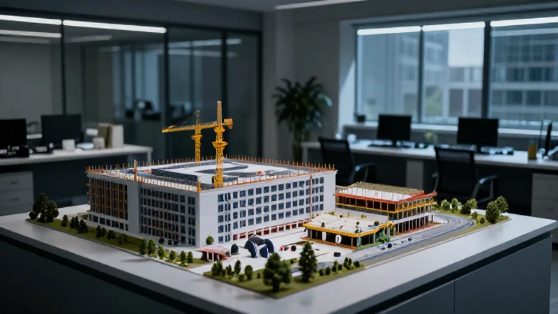 Oficina de construcción, modelo arquitectónico e iluminación dramática