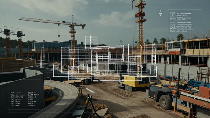 Plano cinematográfico de obra con diseño superpuesto