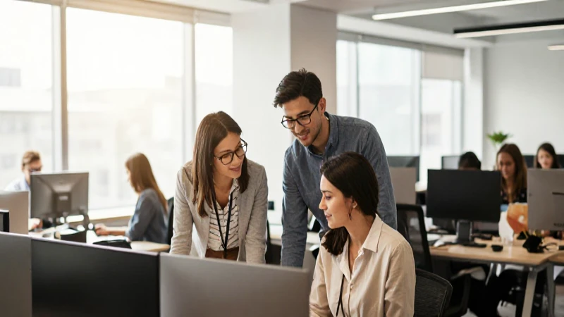 Cuáles son ejemplos de organigramas para medianas empresas 3 Oficina moderna con luz cálida y colaboración