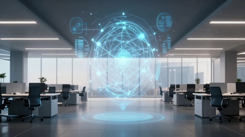Oficina futurista con hologramas y luz tenue